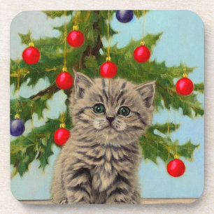 Vintage Cat and Christmas Tree Coaster