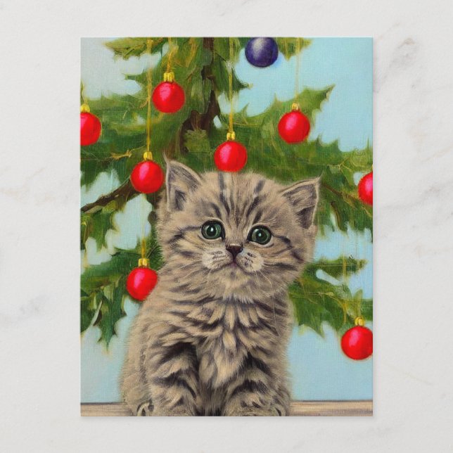 Vintage Cat and Christmas Tree Enclosure Card (Front)