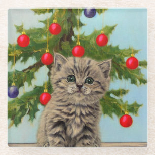 Vintage Cat and Christmas Tree Glass Coaster