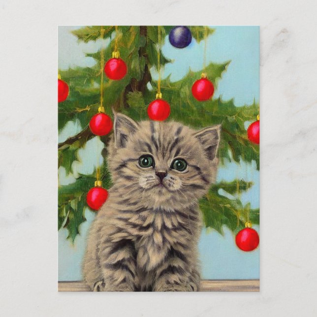 Vintage Cat and Christmas Tree Holiday Postcard (Front)