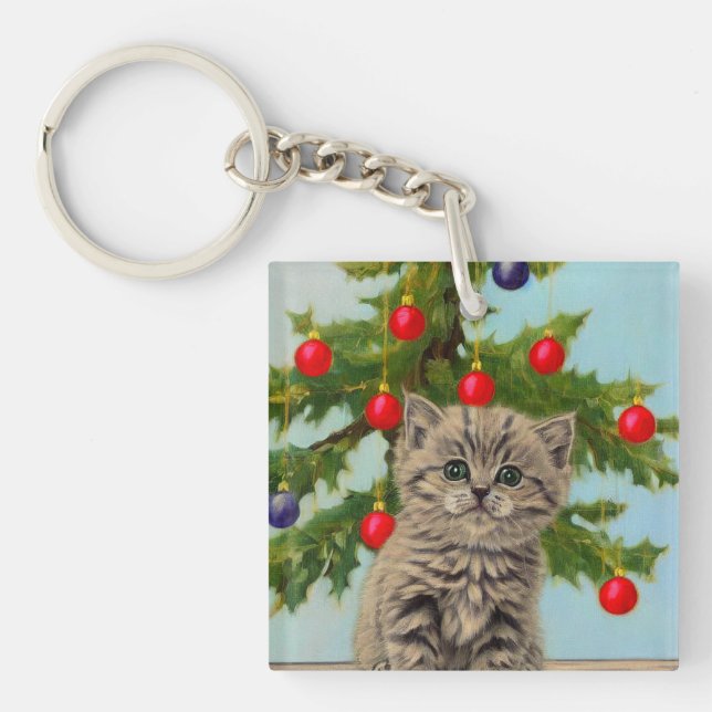 Vintage Cat and Christmas Tree Key Ring (Front)