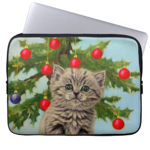 Vintage Cat and Christmas Tree Laptop Sleeve