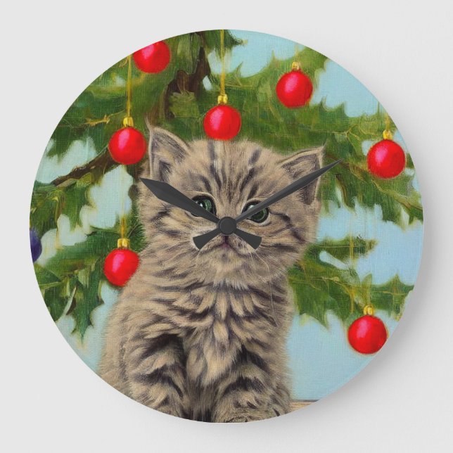 Vintage Cat and Christmas Tree Large Clock (Front)