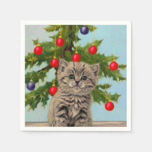 Vintage Cat and Christmas Tree Napkin