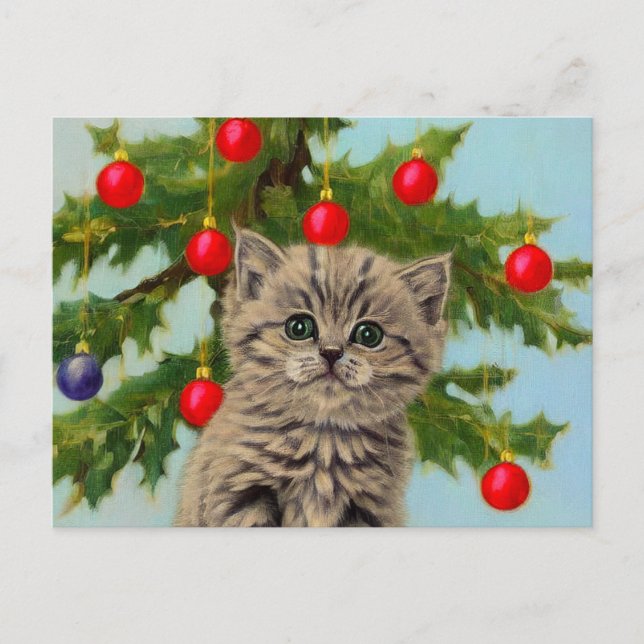 Vintage Cat and Christmas Tree Postcard (Front)