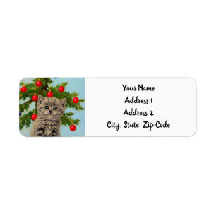 Vintage Cat and Christmas Tree Return Address Label