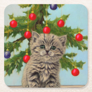 Vintage Cat and Christmas Tree Square Paper Coaster