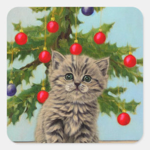 Vintage Cat and Christmas Tree Square Sticker