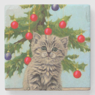 Vintage Cat and Christmas Tree Stone Coaster