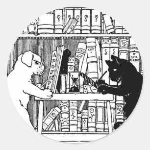 Vintage Cat and Dog Library Bookish Literary Classic Round Sticker