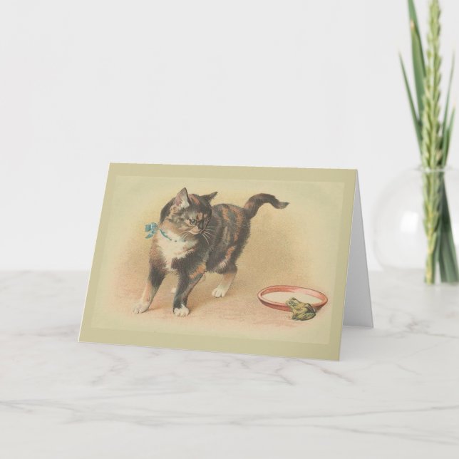 Vintage Cat and Frog Note Card (Front)