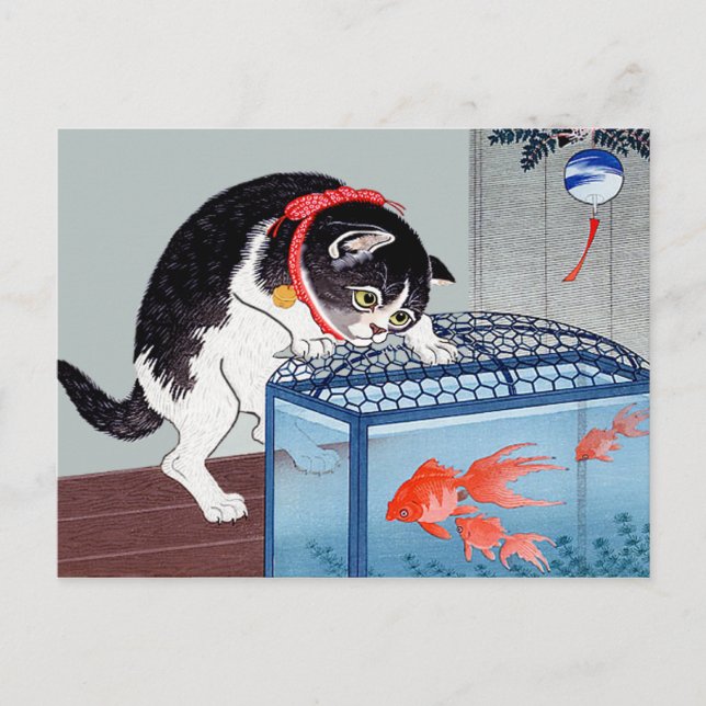 Vintage Cat and Goldfish Art Postcard (Front)