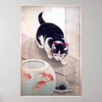 Vintage Cat and Goldfish Bowl Japanese Art