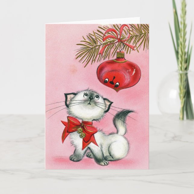 Vintage Cat and Ornament Christmas Card (Front)