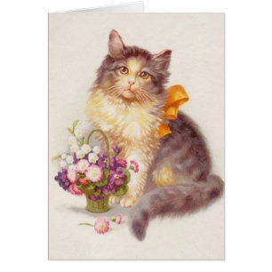 Vintage - Cat & Basket of Flowers,