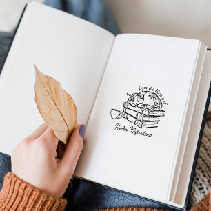 Vintage Cat Books and Coffee Bookplate Rubber Stamp