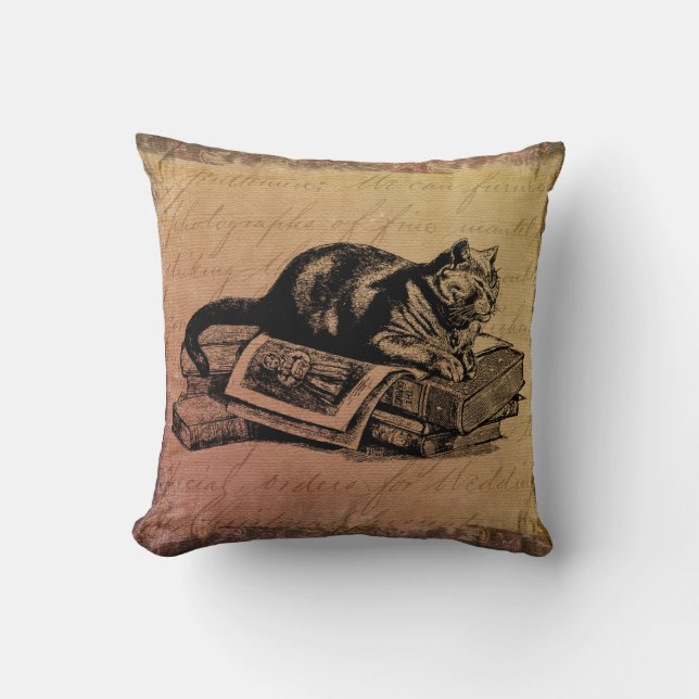Vintage Cat Collage Cat & Books Grunge Background Cushion (Front)