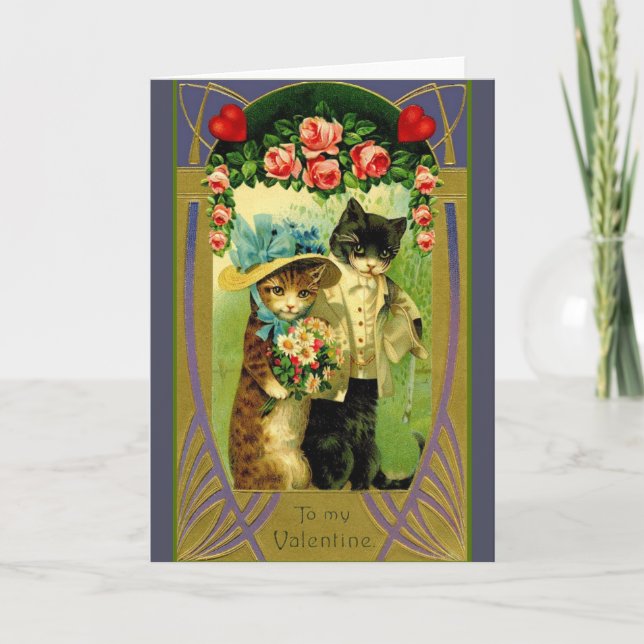 Vintage Cat Couple Valentine Greeting Card (Front)