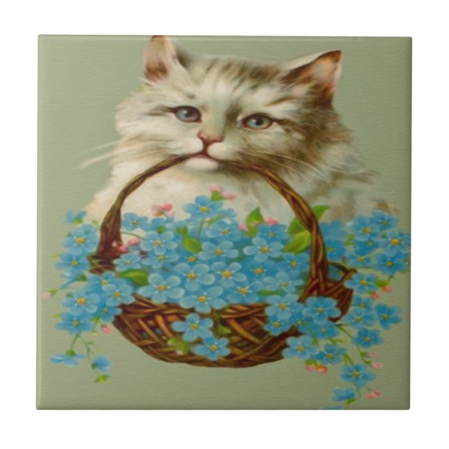 Vintage Cat Holding Basket of Flowers Tile (Front)