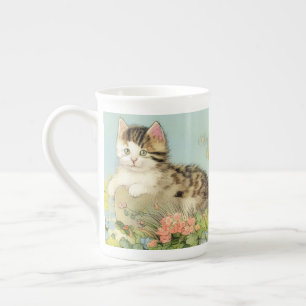 Vintage Cat Illustration with Pink Flowers Bone China Mug