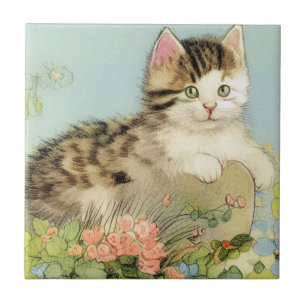 Vintage Cat Illustration with Pink Flowers Ceramic Tile