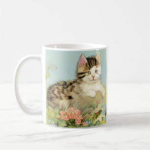 Vintage Cat Illustration with Pink Flowers Coffee Mug