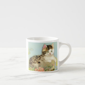Vintage Cat Illustration with Pink Flowers Espresso Cup