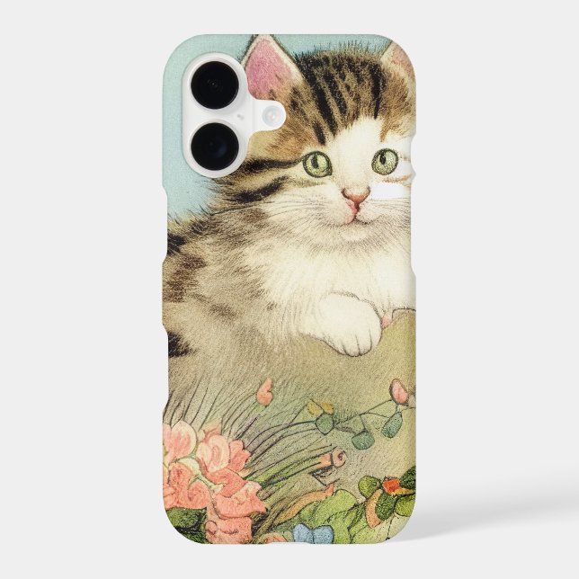 Vintage Cat Illustration with Pink Flowers iPhone Case (Back)