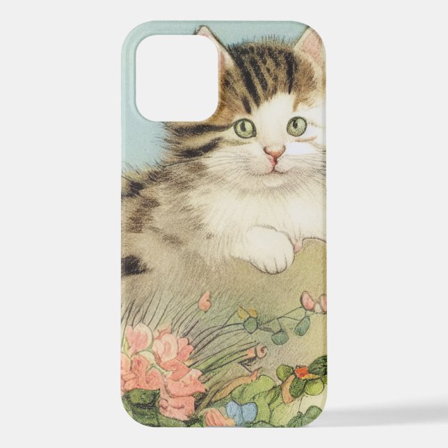 Vintage Cat Illustration with Pink Flowers iPhone Case (Back)
