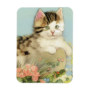 Vintage Cat Illustration with Pink Flowers Magnet