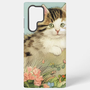 Vintage Cat Illustration with Pink Flowers Samsung Galaxy Case