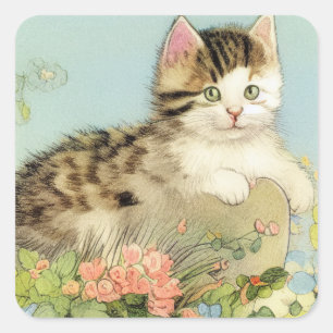 Vintage Cat Illustration with Pink Flowers Square Sticker