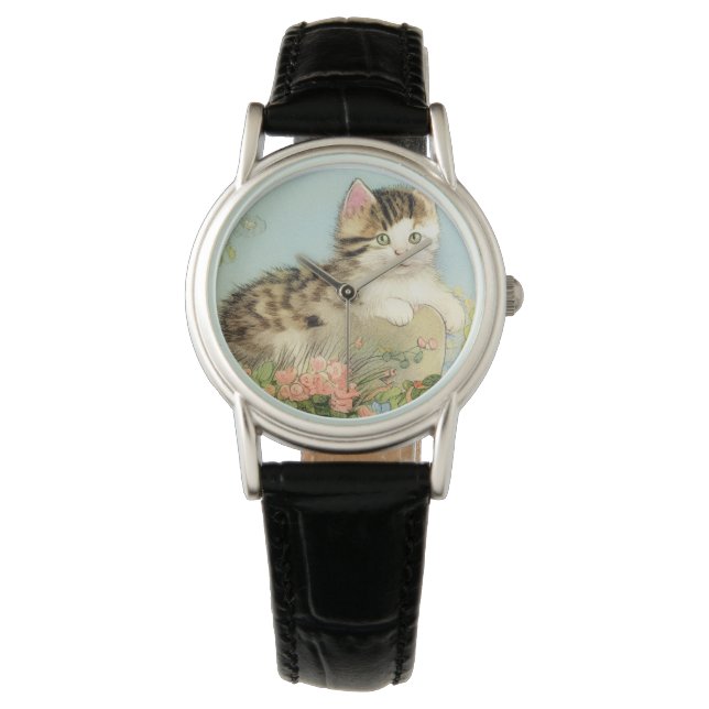 Vintage Cat Illustration with Pink Flowers Watch (Front)