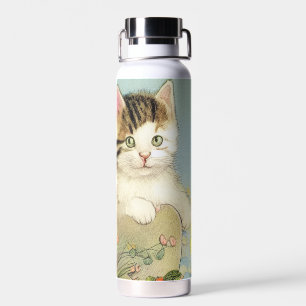 Vintage Cat Illustration with Pink Flowers Water Bottle