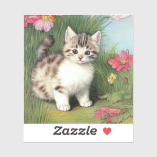 Vintage Cat Illustration with Red Flowers