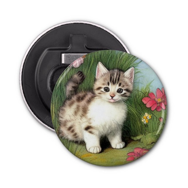 Vintage Cat Illustration with Red Flowers Bottle Opener (Front)
