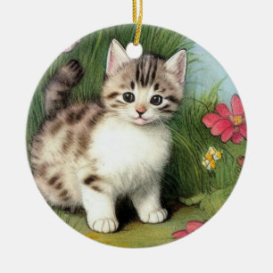 Vintage Cat Illustration with Red Flowers Ceramic Ornament