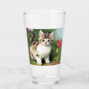Vintage Cat Illustration with Red Flowers Glass