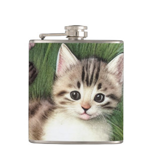 Vintage Cat Illustration with Red Flowers Hip Flask