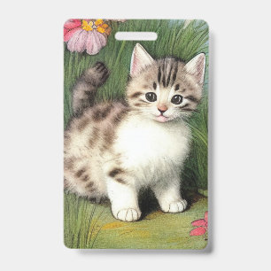 Vintage Cat Illustration with Red Flowers ID Badge