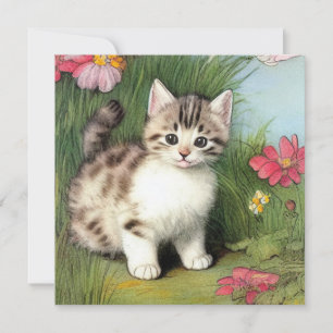 Vintage Cat Illustration with Red Flowers Invitation