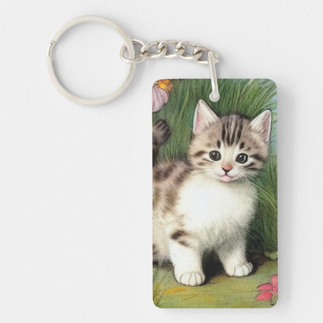Vintage Cat Illustration with Red Flowers Key Ring (Front)