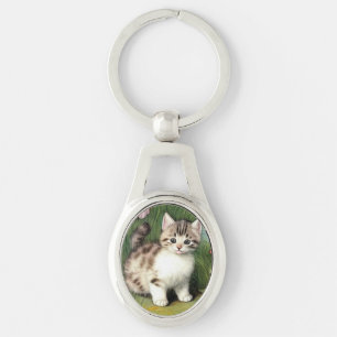 Vintage Cat Illustration with Red Flowers Key Ring