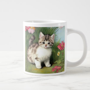 Vintage Cat Illustration with Red Flowers Large Coffee Mug