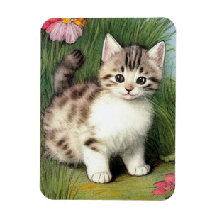 Vintage Cat Illustration with Red Flowers Magnet