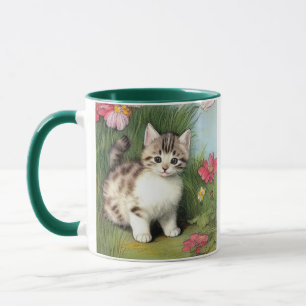 Vintage Cat Illustration with Red Flowers Mug