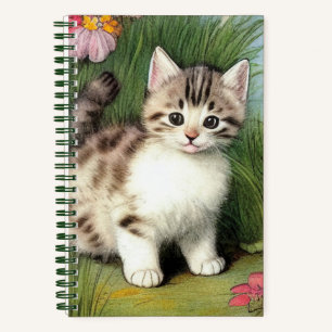 Vintage Cat Illustration with Red Flowers Notebook