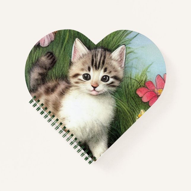 Vintage Cat Illustration with Red Flowers Notebook (Front)