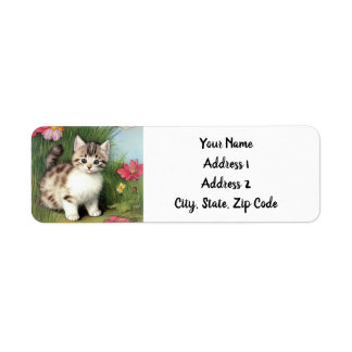 Vintage Cat Illustration with Red Flowers Return Address Label