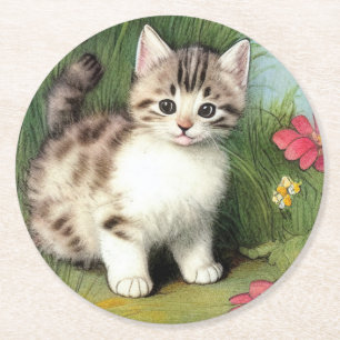 Vintage Cat Illustration with Red Flowers Round Paper Coaster